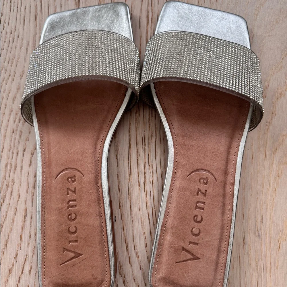 Vicenza Rhinestone Slide Sandals | Silver Leather | Size 8 - Picture 3 of 5